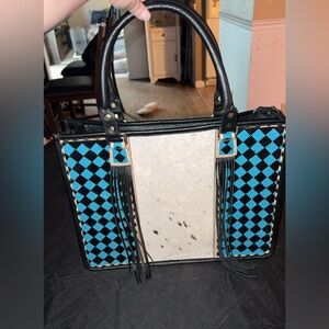 Teal Checkered Satchel/Handbag With Real Cowhide and Matching Wallet